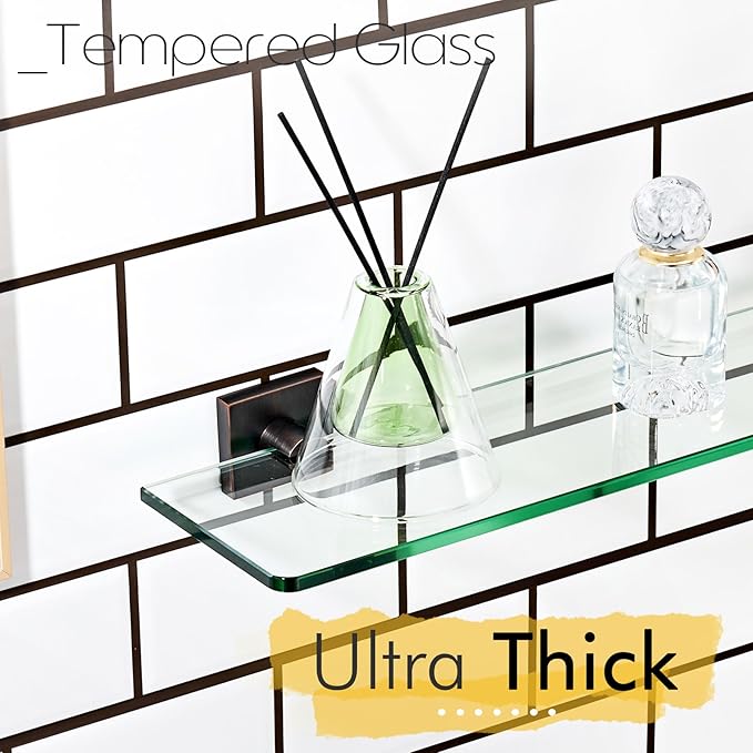 KOKOSIRI Tempered Glass Shelves 16-Inch Bathroom Floating Wall Shelf Kitchen Rack Shower Storage, 2 Pack Oil Rubbed Bronze Stainless Steel B1107ORB-L16-P2
