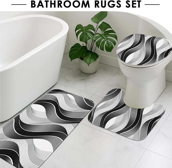 Grey Black Wavy Line Shower Curtain Set with Toilet Lid Cover and Non-Slip Rugs for Bathroom, Abstract Stripes 4 Pcs Shower Curtain, Modern Geometric Bathroom Set with 12 Hooks
