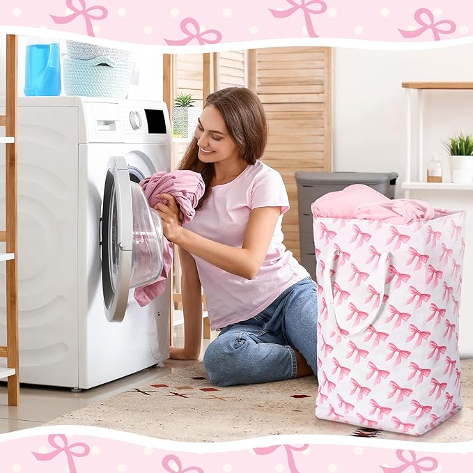 Leinuosen 2 Pcs 80l Large Bow Pink Laundry Hamper Basket with Waterproof Inner Lining, Collapsible Pink Clothes Storage Baskets Bin with Handles for Bedroom, Nursery & Home Organization(Pastel)