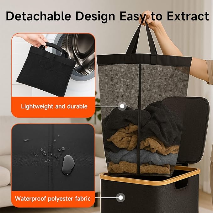 100L Foldable Laundry Basket with Lid, Dirty Clothes Hamper for Dormitories and Gyms | Laundry Hamper with Removable Bag, Black