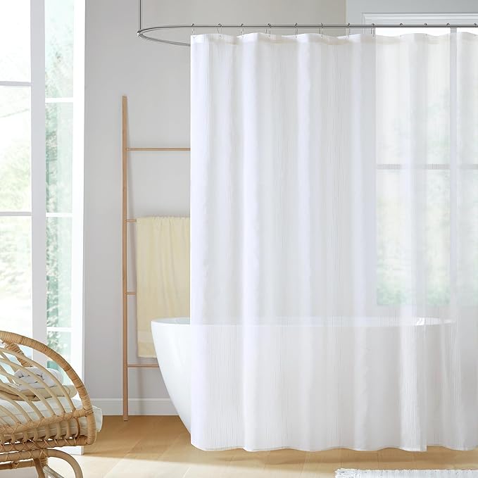 Madison Park Anna Sheers Shower Curtain, Textured Striped Accent Design, Modern Mid-Century Bathroom Decor, Machine Washable, Fabric Privacy Screen 72x72", Ivory