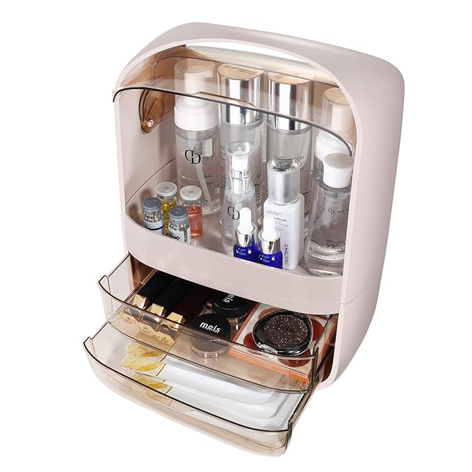 Makeup Organizer Cosmetic Organizer Dustproof and Waterproof Makeup Storage Box 2 Drawers for Cosmetic Accessory and Jewellery Large Capacity Cosmetic Display Case with Handle(Pink)