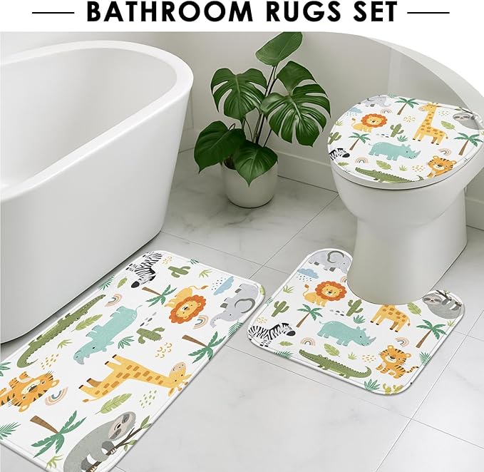 ArtSocket Cute Hippo Crocodile Bathroom Set with Shower Curtain and Rugs Accessories Lion Elephant Giraffe Shower Curtain Set Childish Colorful Bathroom Decor 4 Pcs