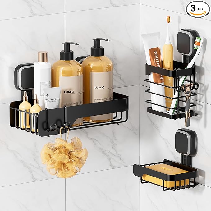 TAILI Shower Caddy Suction Cup 3 Pack, Stainless Steel Rustproof Shelves with Soap Holder Set, Drill-Free Wall Mounted Basket, Heavy Duty Removable Bathroom Organizers & Home Decor, Black