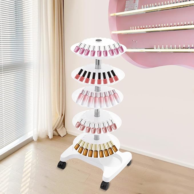 5 Tiers Nail Polish Trolley Display Organizer, 360 Rotating Nail Polish Rack Holder with Wheels, Up to 120, Rotating Essential Oil Display Stand for Home Spa Business Salon, White