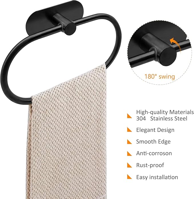 Self Adhesive Towel Ring, Matte Black Adhesive Hand Towel Holder Stainless Steel Oval Hand Towel Ring No Drilling Modern Hand Towel Hanger for Bathroom Kitchen Accessories