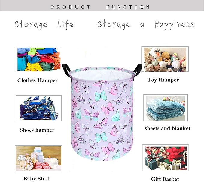 KUNRO Round Laundry Gift Basket Storage Hamper, Clothes Storage Organizer Bins, Shelf Basket with Handles for Room Decor (Purple Butterfly)