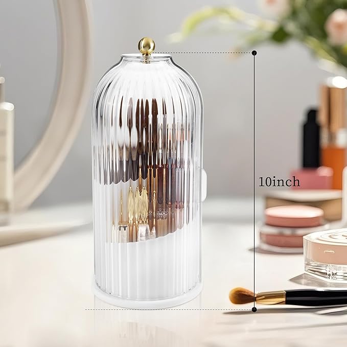 Makeup Brush Holder Organizer, 360 Rotating Makeup Brush Holder, Dustproof Waterproof Material & with 3 Compartments for Organized Storage, Dressing Tables Clear Storage Skincare Cosmetic (White)