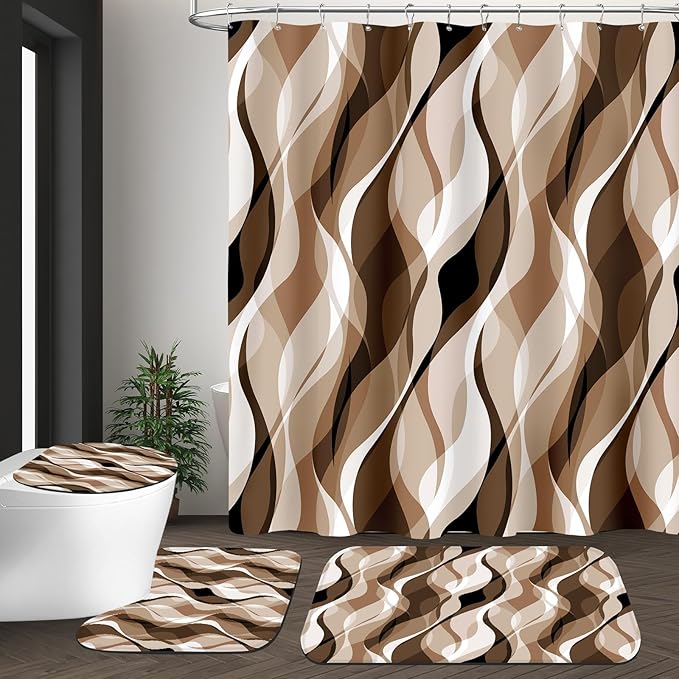 4PCS Brown Bathroom Sets with Shower Curtain and Rugs, Abstract Striped Shower Curtain Sets with Rugs, Modern Luxury Bathroom Curtains Shower Set Accessories