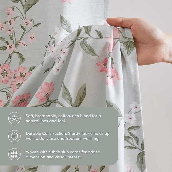 Martha Stewart Meadow Floral Shower Curtain, Cotton-Rich Slub Texture, Timeless Garden Design, Classic to Modern Farmhouse Bathroom Decor, Machine Washable 72"x72", Green