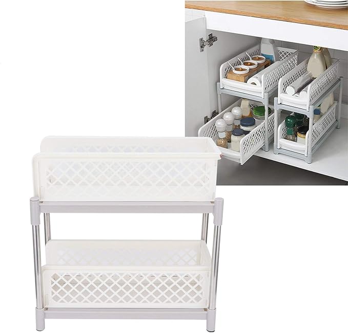 2 Layer Bathroom Sliding Basket Storage Cabinet, Bathroom Shelf with Pull Out Drawers, White Space Storage Rack for Supplies, to Inl No Dril Needed