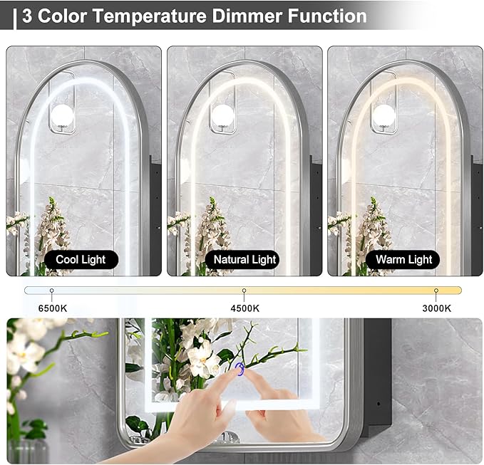 20x31 Inch Arched LED Medicine Cabinet with Mirror - Oil Rubbed Nickel Metal Frame, Lighted Arched Bathroom Mirror Cabinet, Mirror Cabinet with Storage for Bathroom,Dimmable,Defogger