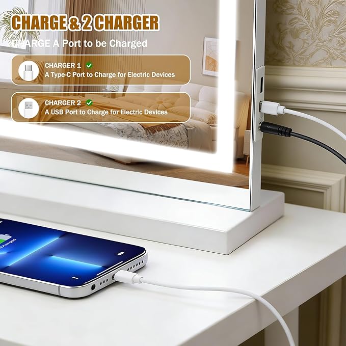 Vanity Mirror with Lights 32"x20", LED Makeup Mirror, 3 Color Lighting Modes, 10X Magnification, Smart Touch Control, Dimmable, Aluminum Metal Frame, Lighted Up for Vanity Desk (White)