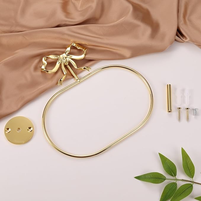 Gold Bow Hand Towel Holder, Coquette Oval-Shaped Brass Towel Ring Bow Modern Girly Decorative Wall Mount Towel Racks with Hardware Accessories for Room Bathroom Kitchen Decor