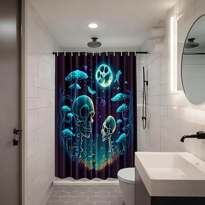 Shrahala Happy Halloween Funny Decorative Shower Curtain, Skeletons Grass Mushrooms Starry Sky Bathroom Décor Polyester Fiber Waterproof with Plastic Rings for Shower Stall Bathtubs 72 x 72 in