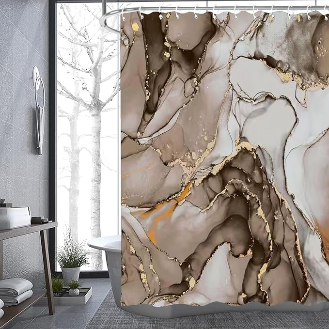 NBVKO 4Pcs Luxury Brwon Marble Pattern Shower Curtain Set with 12 Hooks Non-Slip Rugs,Toilet Lid Cover and Bath Mat, Stylish Bathroom Decor for Hotel & Home Bathroom