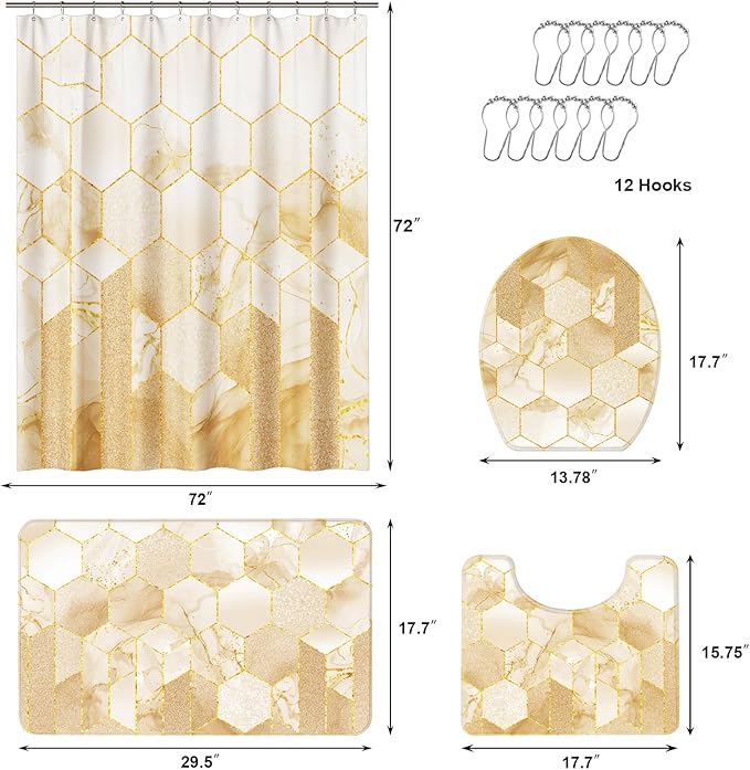 XLHOMO Bathroom Sets with Shower Curtain and Rugs - 4PC Beige Geometric Shower Curtain Set with 12 Hooks, Toilet Cover, U-Shaped Mat and Rugs Modern Abstract Bathroom Accessories for Bathroom