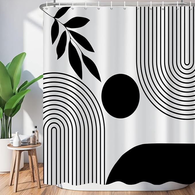 ChloropLastid Boho Shower Curtain Mid Century Modern Shower Curtains for Bathroom Black and White Geometric Minimalist Abstract Bohemian Waterproof Fabric Bathroom Shower Curtain Set 72x72 Inch