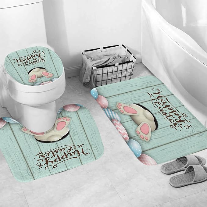 4Pcs Blue Easter Shower Curtain Sets with Rugs, Easter Peeps Shower Curtains for Bathroom Decor Set, Waterproof Easter Bunny Bathroom Curtains Shower Set,12 pcs Hooks, 71 x 71in