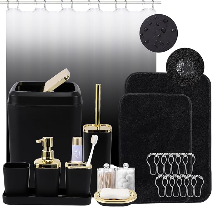 XLHOMO Bathroom Set - Black Bathroom Accessories Set, Bathroom Sets with Shower Curtain and Rugs, 24PC Shower Curtain Set with Hooks, Soap Dispenser, Soap Dish, Toilet Brush Holder and Trash Can