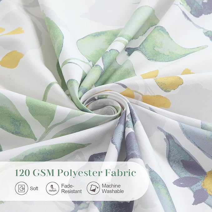 Sage Green Yellow Leaf Floral Shower Curtain, Watercolor Plant Fabric Shower Curtain, Waterproof Decorative Boho Botanical Bathroom Curtains, 72" W x 72" H