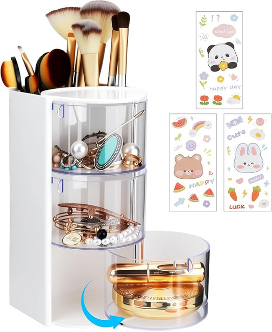 3-Tier Clear Hair Accessories Organizer with Makeup Brush Holder, Rotatable Jewelry Storage Box with Cute Stickers for Bows & Clips, Desktop Organizer Case for Bathroom Vanity Countertop (White)