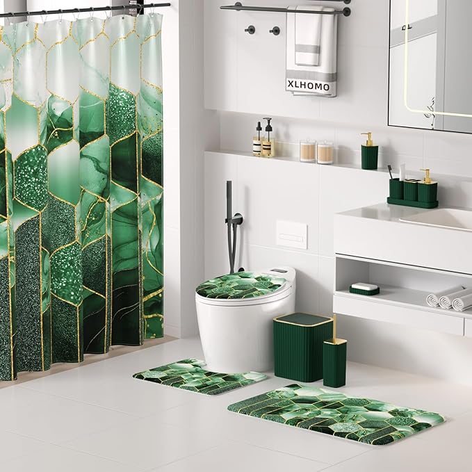 XLHOMO Bathroom Set - 26PC Bathroom Set with Shower Curtain and Rugs, Bathroom Accessory Set, Dark Green Bathroom Accessories Set, Trash Can & Soap Dispenser