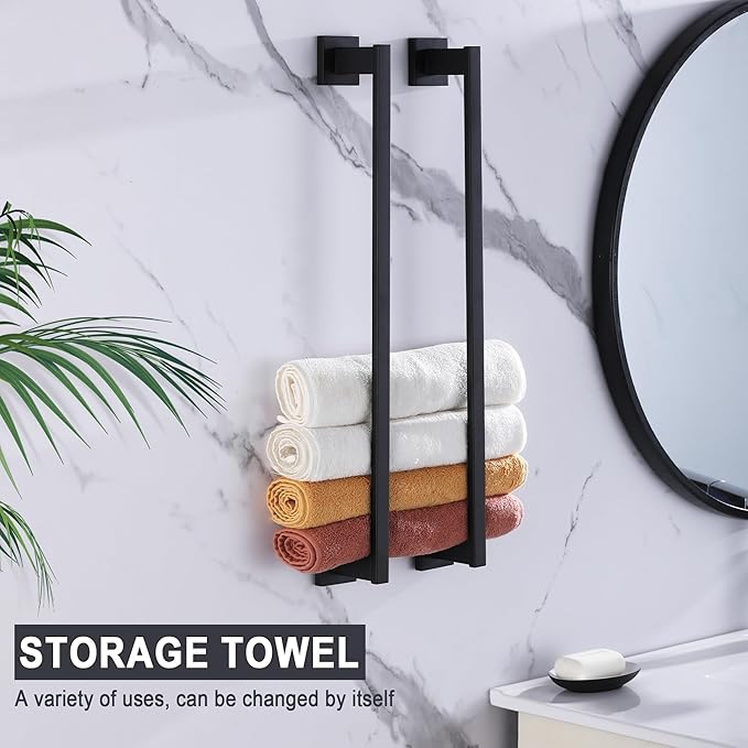 LANC Black Towel Bar for Bathroom Wall Mounted 16-Inche Matte Black Bath Towel Rack Stainless Steel Towel Rod for Cabinet Kitchen Towel Holder Towel Hanger Towel Rail, A9010MB-L4