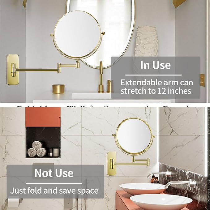 Nicesail Makeup Mirror, Wall Mounted 7X Magnifying Mirror Vanity Mirror for Bathroom, Extendable Swivel, Brass and 304 Stainless Steel Material for Hotel or Home, Shiny Gold Finish (8 Inch, 7X)
