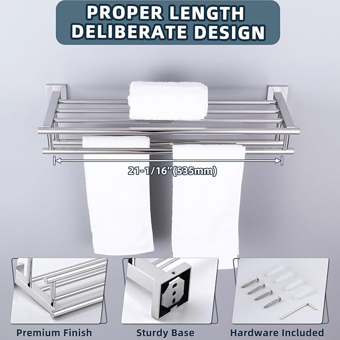Bathroom Towel Rack Polished Chrome, Angle Simple SUS304 Stainless Steel Bath Towel Bar with Shelf for Wall 23.62 Inches