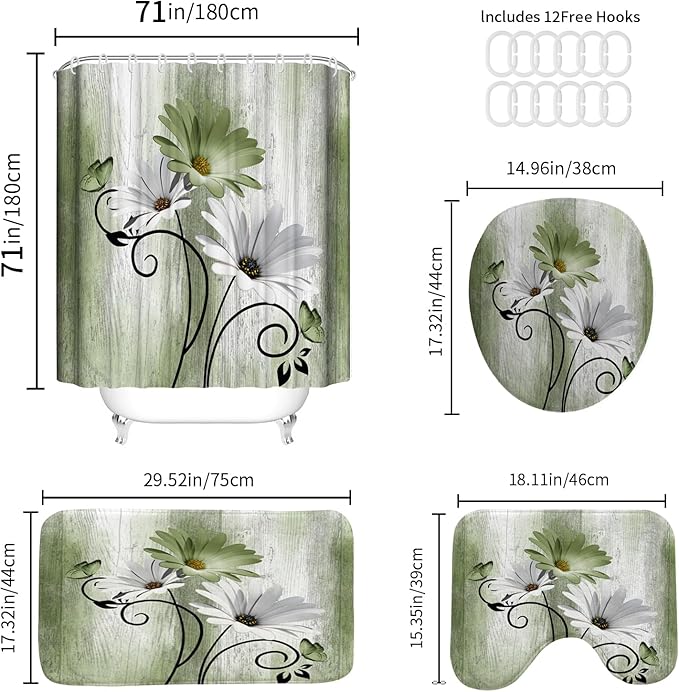 Onalasyc 4PCS Grass Green Daisy Flowers Butterfly Shower Curtain Set with Shower Curtain and Carpet and Accessories, Waterproof Bathroom Shower Curtain Decorative Set with 12 pcs Hooks,71 x 71in