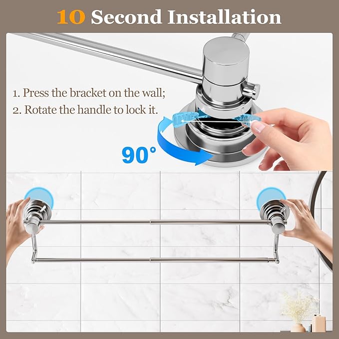 Suction Cup Double Towel Bar Adjustable 13"-25", Bath Sheet Rack Stainless Steel for Glass Shower, Powerful Vacuum Towel Holder for Bathroom, Kitchen, RV, and Renters