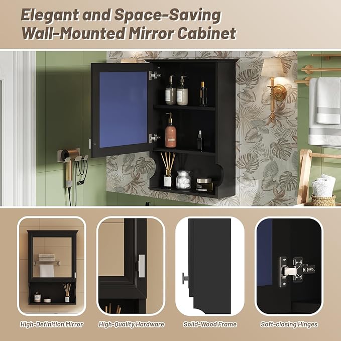 Bathroom Wall Cabinet with Mirror, Medicine Cabinet with Door and Adjustable Shelf, Space Saver Storage Cabinets Over The Toilet for Bathroom (20'' x 7.3'')