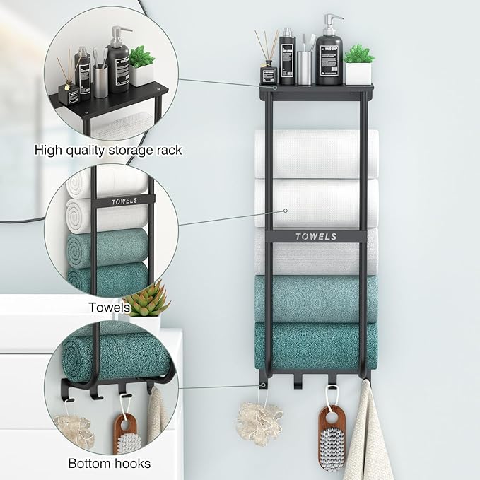 Towel Rack for Bathroom, Black Metal Wall Mounted Towel Holder with Shelf and 4 Hooks, Bathroom Towel Storage Organizer