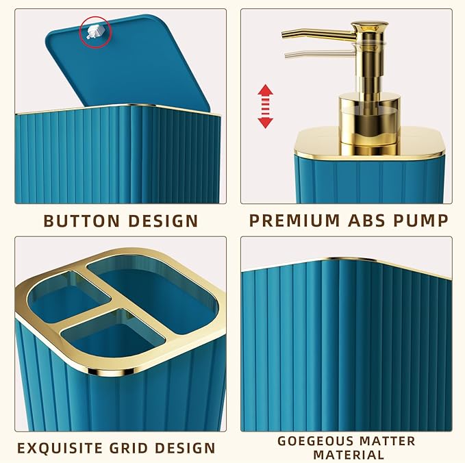XLHOMO Bathroom Accessories Set - Gorgeous Bathroom Set, 10PC Teal Bathroom Accessory Set, Toilet Brush, Trash Can, Qtip Holder Dispenser & Soap Dispenser