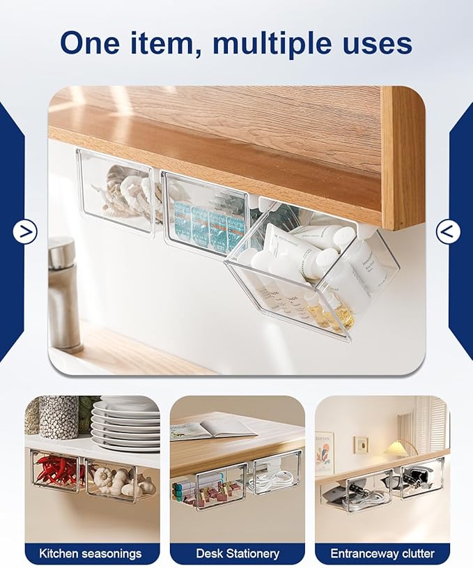 Hanging Cabinet Organizer – 33° Tilted Under Desk Drawer & Bathroom Storage – Self-Adhesive Clear Pull-Out Bins for Kitchen, Office & Vanity (Medium)