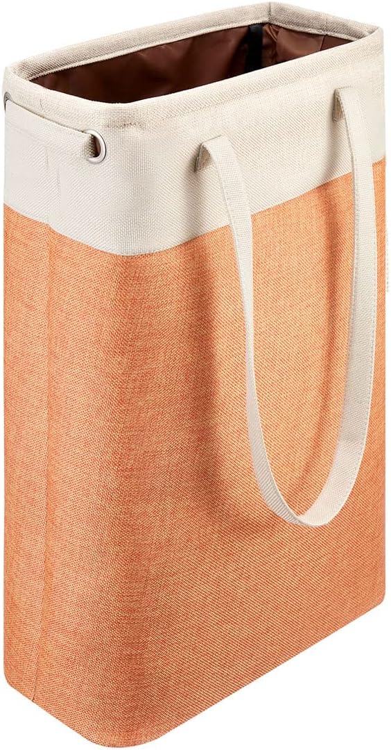 i BKGOO Laundry Basket with Handles Beige&Orange Slim Laundry Bin Collapsible Dirty Clothes Basket Narrow Laundry Bag Foldable Dirty Hamper for Camping, Dorms, Apartments