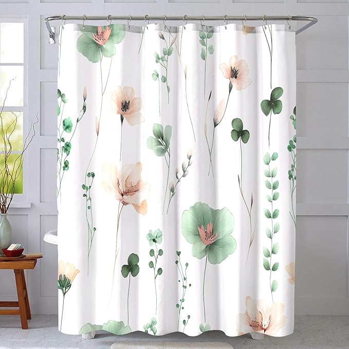 Sage Green Beige Floral Shower Curtain, Watercolor Flower Shower Curtains for Bathroom, Modern Minimalist Waterproof Fabric Bath Decoration 72x72 Inch