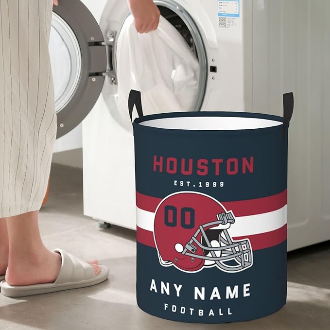 Custom Houston Laundry Hamper - Personalized Football Style Laundry Basket - Customized Name and Number - Dirty Clothes Hamper Waterproof Large Capacity Hamper for Bedroom Bathroom Living Room