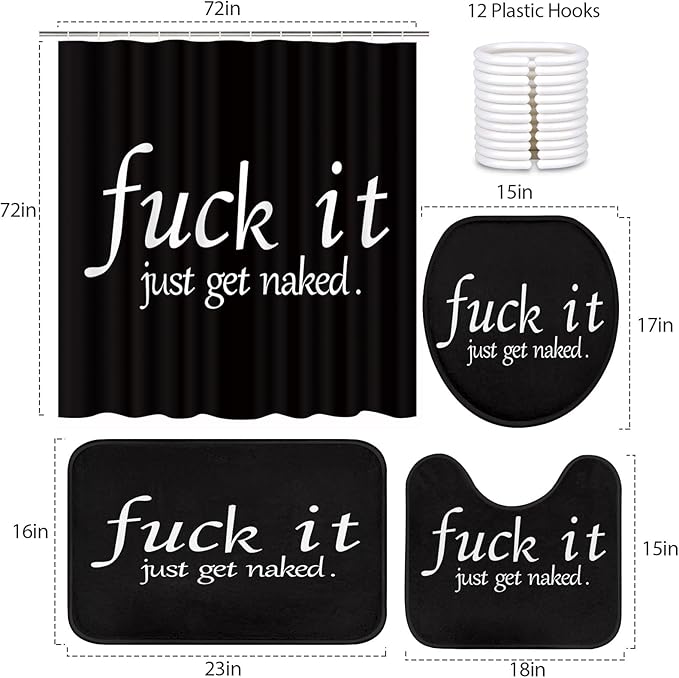 ArtSocket 4PC Funny Get Naked Shower Curtain Sets Bathroom Decor with Rugs, Non-Slip Rug,Toilet Lid Cover, Bath Mat and 12 Hooks 72x72 inches