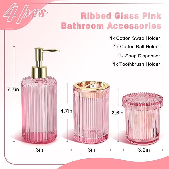 RYTOXILO Pink Bathroom Accessories Set, Pink Bathroom Decor Accessory Sets Complete, 4 Pack Ribbed Grils Soap Dispenser and Toothbrush Holder Set with 2 Qtip Holders, Girly Bath Counter Essentials