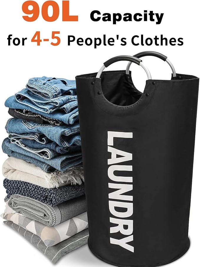 90L Laundry Basket Freestanding Laundry Hamper Collapsible Dirty Clothes Hamper Waterproof Oxford Fabric with Foam Padded Aluminum Handles Reinforced Rivets for Dorm College Home(Black) (1Pack)
