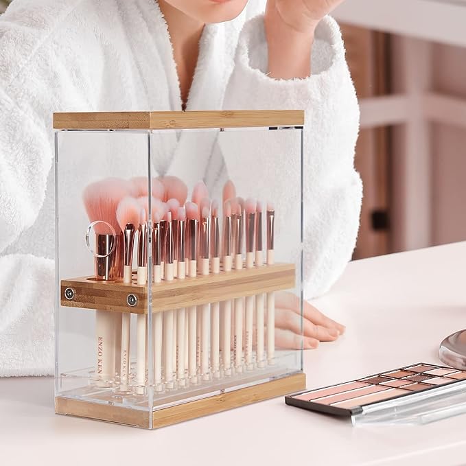 JACKCUBE DESIGN Bamboo Makeup Brush Holder Organizer With Transparent Drawer - 29 Holes Beauty Cosmetic Display Stand (8.77 x 3.38 x 8.46 Inches) - MK228C