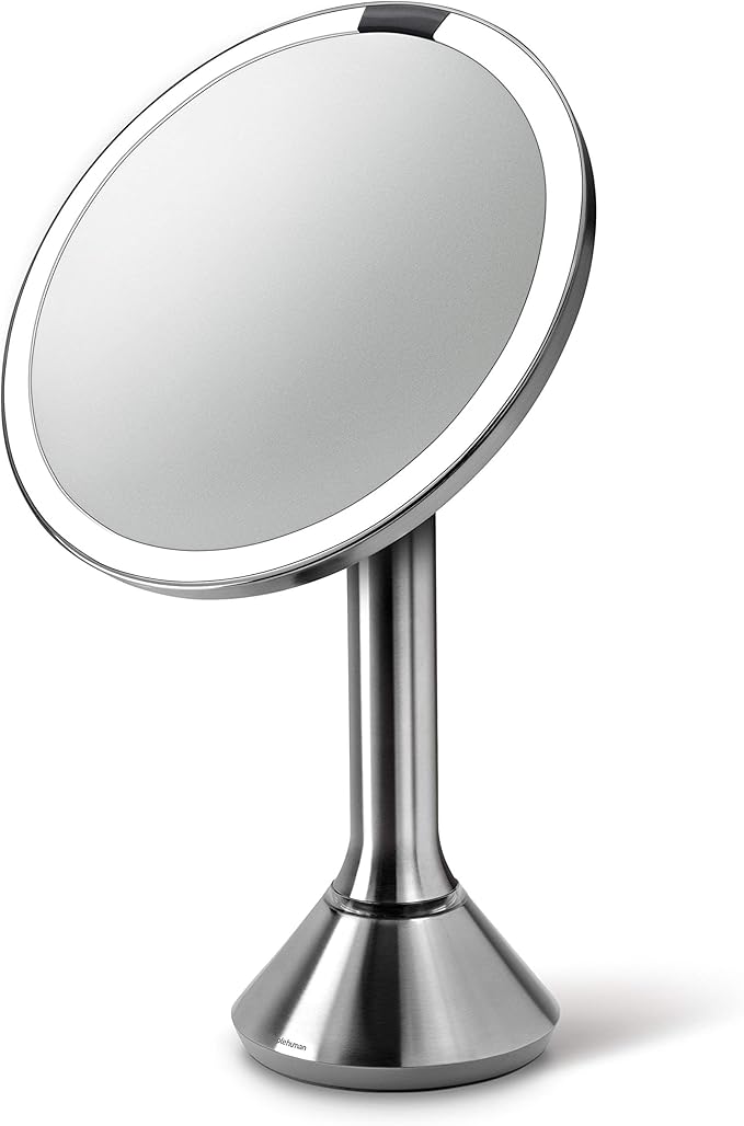 simplehuman Floor Mount 8" Round Sensor Makeup Mirror with Touch-Control Brightness, 5X Magnification, Rechargeable and Cordless, Brushed Stainless Steel