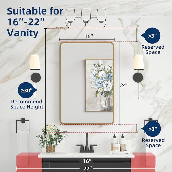 Bathroom Medicine Cabinet with Mirror 16 x 24 Inch, Brush Gold Medicine Cabinet Recessed or Surface Wall-Mounted, Mirrored Cabinets with 2 Adjustable Shelves for Bathroom Vanity