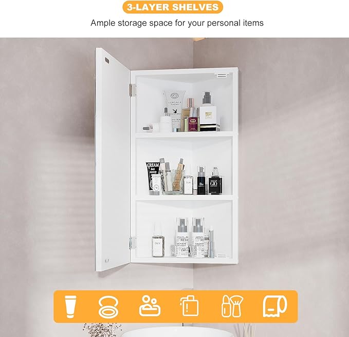 Bathroom Corner Medicine Cabinet with Mirror, Corner Wall Mount Medicine Cabinet with 3 Storage,Small Corner Cabinet for Bathroom, Opens Right to Left, 2 Fixed Shelves,White,24x14