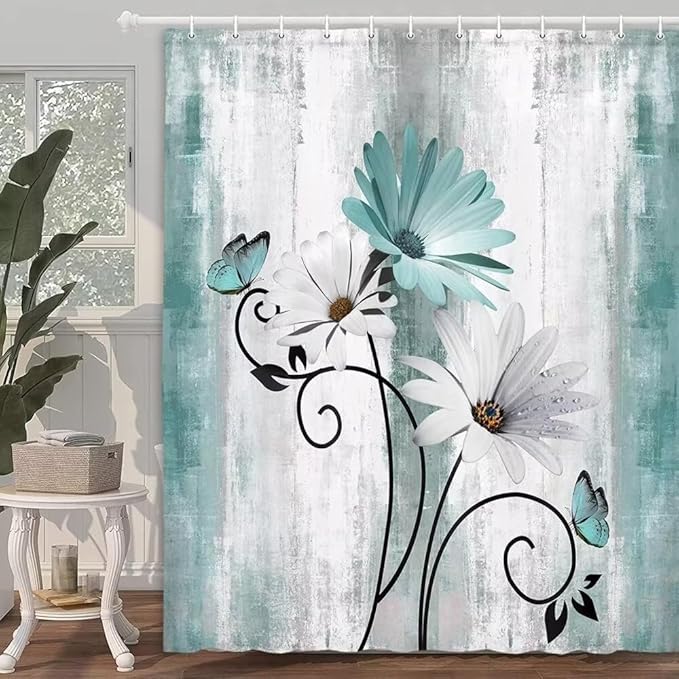 NBVKO 4PCS Rustic Teal Flower Farmhouse Shower Curtain Set,Waterproof Teal Daisy Floral Bathroom Decor Accessory Set