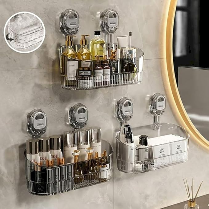 Non-Drilling Bathroom Suction Box, Corrugated Strong Sucker Storage Rack, Detachable Hanging Storage Basket, Bathroom Shelf Non-Drilling Storage Rack, Acrylic Hanging Wall Frame. (Transparent Brown)