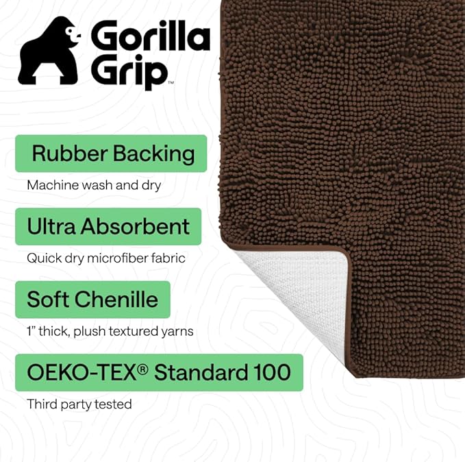 GORILLA GRIP Bath Rug Mat 30x20, Thick Soft Absorbent Chenille, Quick Dry Microfiber Mats, Rubber Backing Washable Shower Floor Rugs, US Designed Bathroom Bathmat Home Decor Accessories, Brown