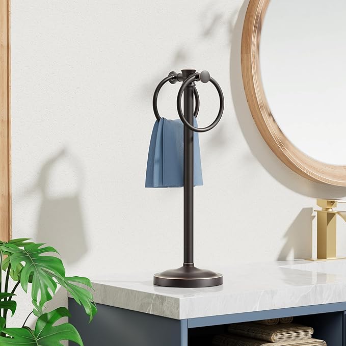 Hoimpro 17 Inch Oil Rubbed Bronze Stainless Steel Free Standing Towel Rack Bar, Double Stand Towel Ring Hand Towel Holder Hanger, Towel Hardware for Bathroom Vanity Kitchen Countertops